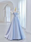 Blue Short Sleeve Saitn Formal Evening Dress, Cute A-Line Junior Prom Dress HZ1024