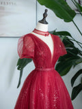 Burgundy Tulle Sequins Tea Length Prom Dress, A-Line Evening Party Dress HZ1024