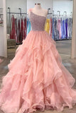 Pink Organza Beaded Long Formal Dress, A-Line One Shoulder Evening Dress HZ1024