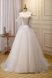 Champagne Lace Long A-line Prom Dress, Off the Shoulder Evening Dress HZ1024