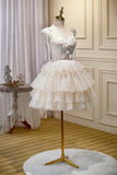 Champagne Lace Short Party Dress, A-Line Spaghetti Strap Evening Dress HZ1024