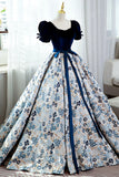 Blue Short Sleeve A-Line Floor Length Prom Dress, Blue Evening Dress HZ1024