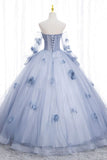 Blue Tulle Long Sleeve Prom Dress, A-Line Off the Shoulder Evening Gown HZ1024