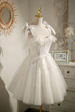 Champagne Tulle Lace Knee Length Prom Dress, Cute A-Line Party Dress HZ1024