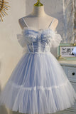 Cute Spaghetti Strap Lace Short Party Dresses, A-Line Evening Dresses HZ1024