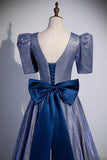 Blue Long A-Line Prom Dress, Simple V-Neck Short Sleeve Evening Dress HZ1024