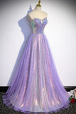 Purple Strapless Sequins Floor Length Prom Dress, A-Line Formal Dress HZ1024