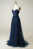 Navy Tulle and Lace Long Prom Dress, Lovely Spaghetti Strap Evening Dress HZ1024