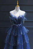 Blue Tulle Beaded Long Senior Prom Dress, A-Line Blue Formal Dress HZ1024