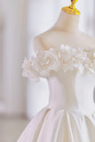 White Satin Long Ball Gown, A-Line Flower Wedding Gown with Bow HZ1024