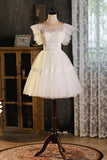 Cute Lace Short A-Line Prom Dress, Champagne Party Dress HZ1024