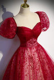Burgndy Tulle Short Sleeve Formal Evening Dress, A-Line Long Prom Dress HZ1024