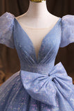 Blue Tulle Sequins Long Prom Dress, A-Line Evening Gown with Bow HZ1024