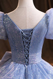 Blue Tulle Sequins Long Prom Dress, A-Line Evening Gown with Bow HZ1024