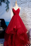 Red V-Neck Tulle Long Prom Dress, A-Line Evening Dress HZ1024