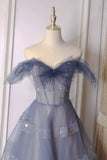A-Line Off Shoulder Layers Tulle Long Evening Dress, Blue Formal Dress HZ1024