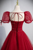 Red Beaded Tulle A-Line Long Formal Dress, Red Prom Dress HZ1024