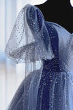 Blue Tulle Beading Long Prom Dresses, A-Line Evening Dresses HZ1024