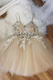Champagne Spaghetti Lace Short Prom Dresses, A-Line Party Dresses HZ1024
