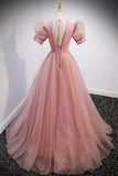 Pink V-Neck Tulle Long Prom Dresses, A-Line Short Sleeve Evening Dresses HZ1024
