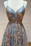 Grey Tulle Sequins Long Prom Dresses, A-Line Spaghetti Straps Evening Dresses HZ1024
