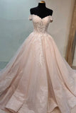 Pink Lace Long Prom Dresses, A-Line Off the Shoulder Evening Dresses HZ1024