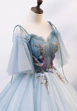 Lovely Spaghetti Strap Blue Long Prom Dresses, Lace Evening Dresses HZ1024