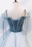 Lovely Spaghetti Strap Blue Long Prom Dresses, Lace Evening Dresses HZ1024