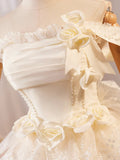 Champagne Lace Layer Knee Length Prom Dress, Off the Shoulder Evening Party Dress HZ1024