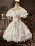 White Satin Lace Knee Length Prom Dress, A-Line Off the Shoulder Evening Party Dress HZ1024