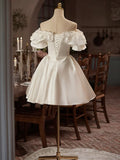 White Satin Off the Shoulder Party Dress, Lovely A-Line Short Sleeve Evening Dress HZ1024