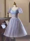 Light Purple Tulle Short Sleeves Homecoming Dress, Beautiful Knee Length Prom Party Dress HZ1024