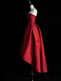 Burgundy Satin Hight Low Prom Dress, Lovely A-Line Strapless Party Dress HZ1024