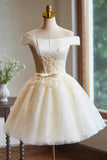 Lovely Knee Length Tulle Party Dress, Champagne Off the Shoulder Homecoming Dress HZ1024