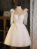 Light Champagne Short Tulle Homecoming Dress, Lovely A-Line Spaghetti Strap Evening Party Dress HZ1024