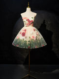 Champagne Scoop Neck Short Prom Dress with Flowers, Cute A-Line Party Dress HZ1024