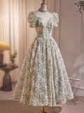 Beautiful Beading Pearl Sequins Green Prom Dresses, High Neckline Tea Length Sage Green Party Dress HZ1024