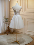 Ivory V-Neck Lace Straps Party Dress, Ivory Knee Length Prom Dress HZ1024