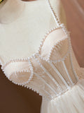 Champagne Spaghetti Strap Party Dress, Cute A-Line Evening Dress with Pearls HZ1024