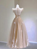 Champagne Lace Tea Length Prom Dresses, A-Line Evening Dresses HZ1024
