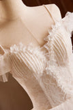 A-Line Spaghetti Strap Lace Beaded Party Dress, Light Champagne Floor Length Formal Evening Dress HZ1024