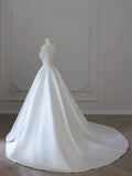White V-Neck Satin Long Formal Dress, Elegant A-Line Wedding Party Dress HZ1024