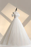 Ivory Tulle Off the Shoulder Formal Gown, Elegant A-Line Wedding Dress HZ1024