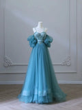 Chic Blue Sweetheart Straps Off Shoulder Tulle Formal Dress, Blue Prom Dress HZ1024