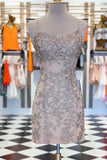 Vintage Silver Lace Embroidery Design Short Spaghetti Strap Homecoming Dress HZ1024